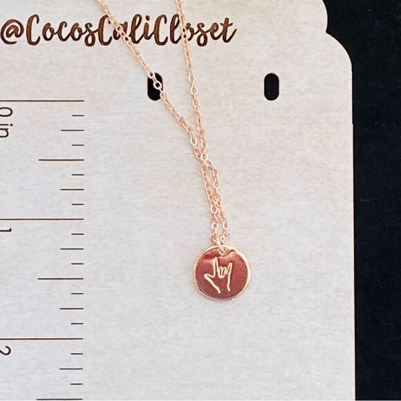 Delicate Rose Gold Tone American Sign Language ASL I Love You Necklace NWT - Picture 5 of 9